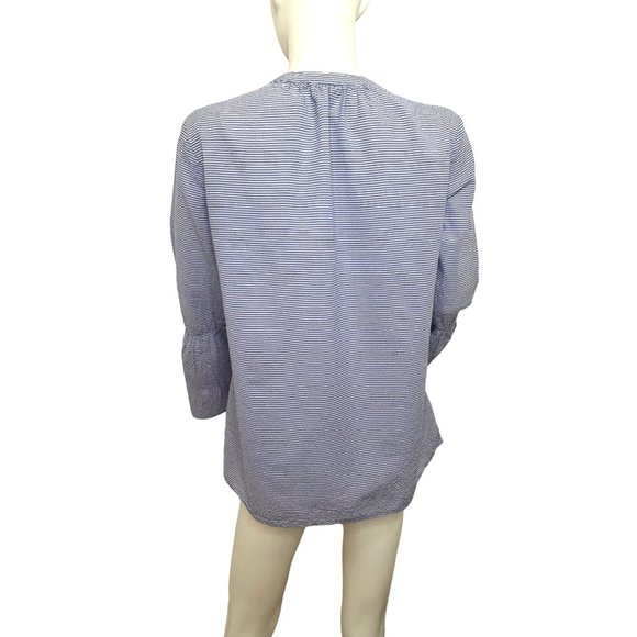 Ann Taylor Women’s Blouse Blue S Long Bell Sleeves Horizontal Mini Stripe Cotton - Picture 3 of 11